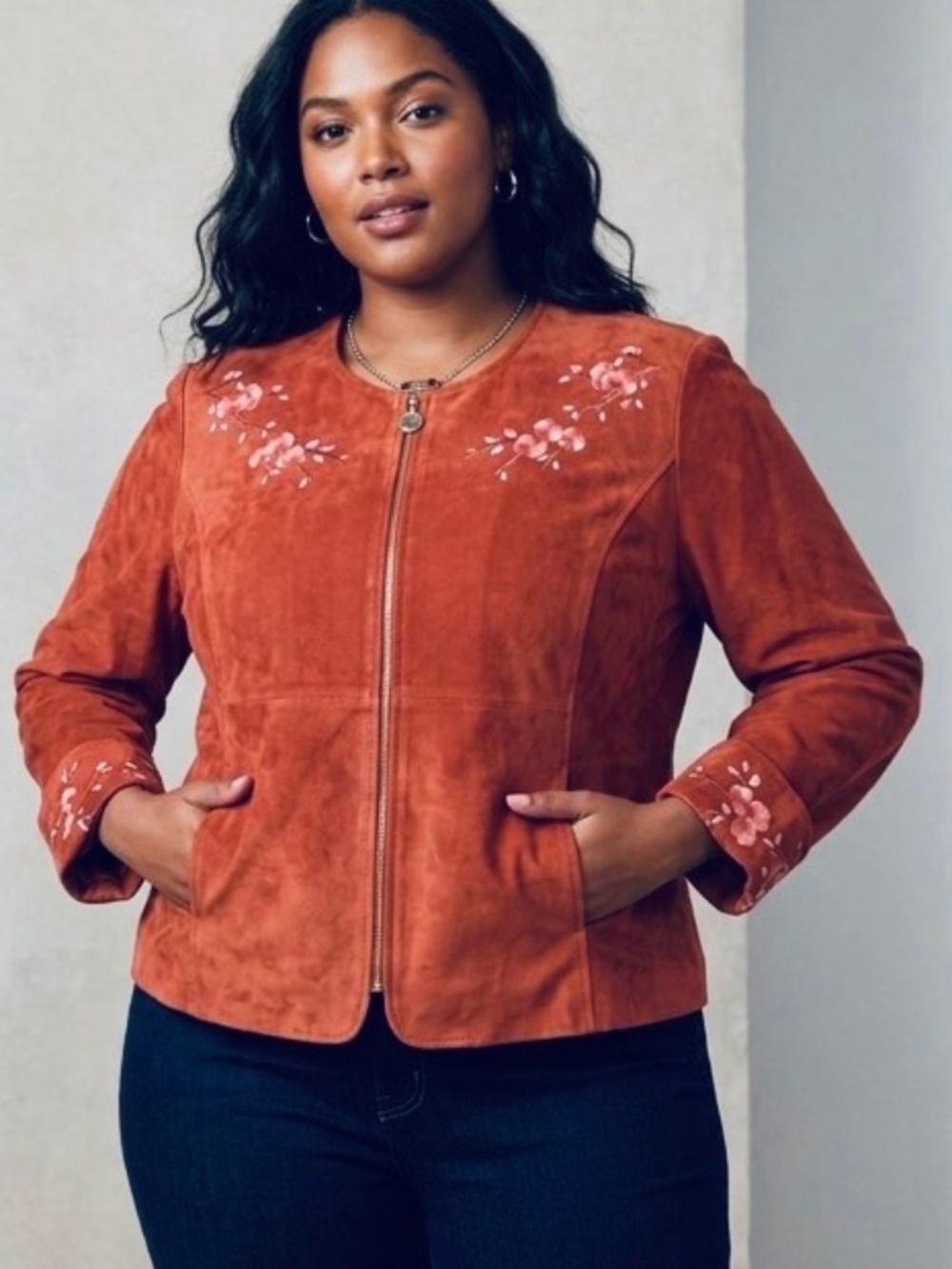Guillaume Genuine Suede Embroidered Floral Jacket Rust Terracotta Plus XXL NWT